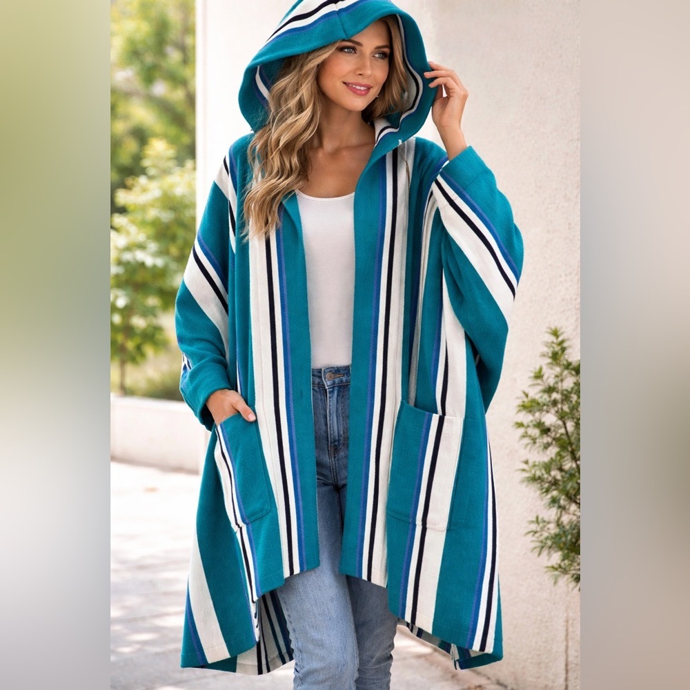 Free people‎ Boho Striped Hooded Poncho Teal Blue White Cozy Shawl Wrap One size